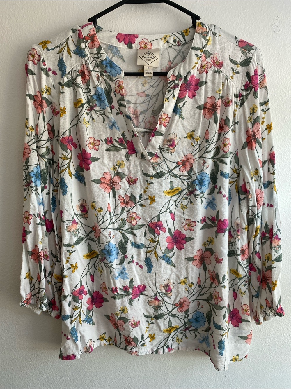 St. John's Bay White Floral Split-Neck Blouse with Pink, Blue & Yellow Flowers